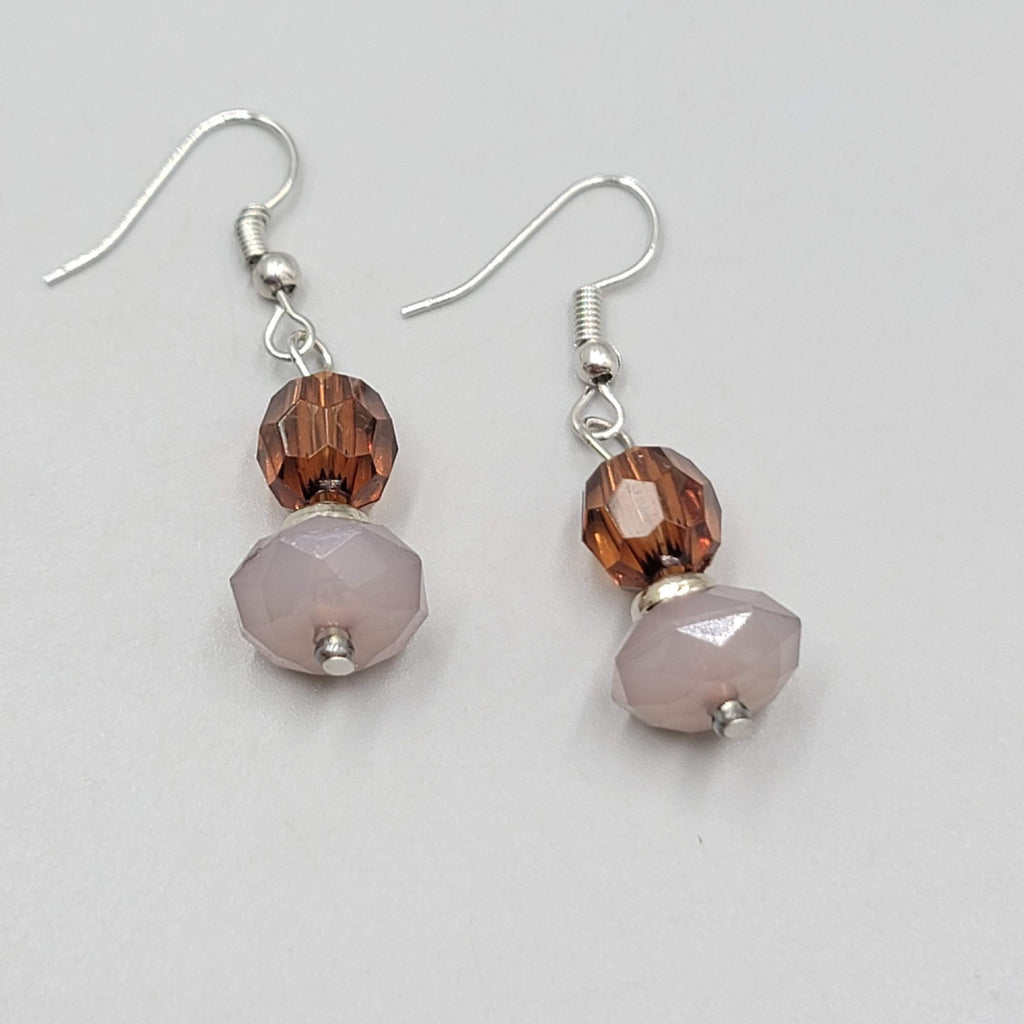 Brown Purple Faceted Glass Bead Pierced Earrings Silver tone Dangle  1 in