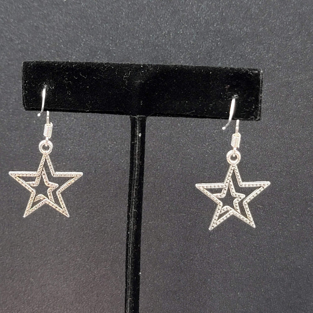Pierced Earrings Silver tone Dangle Double Open Star 7/8"