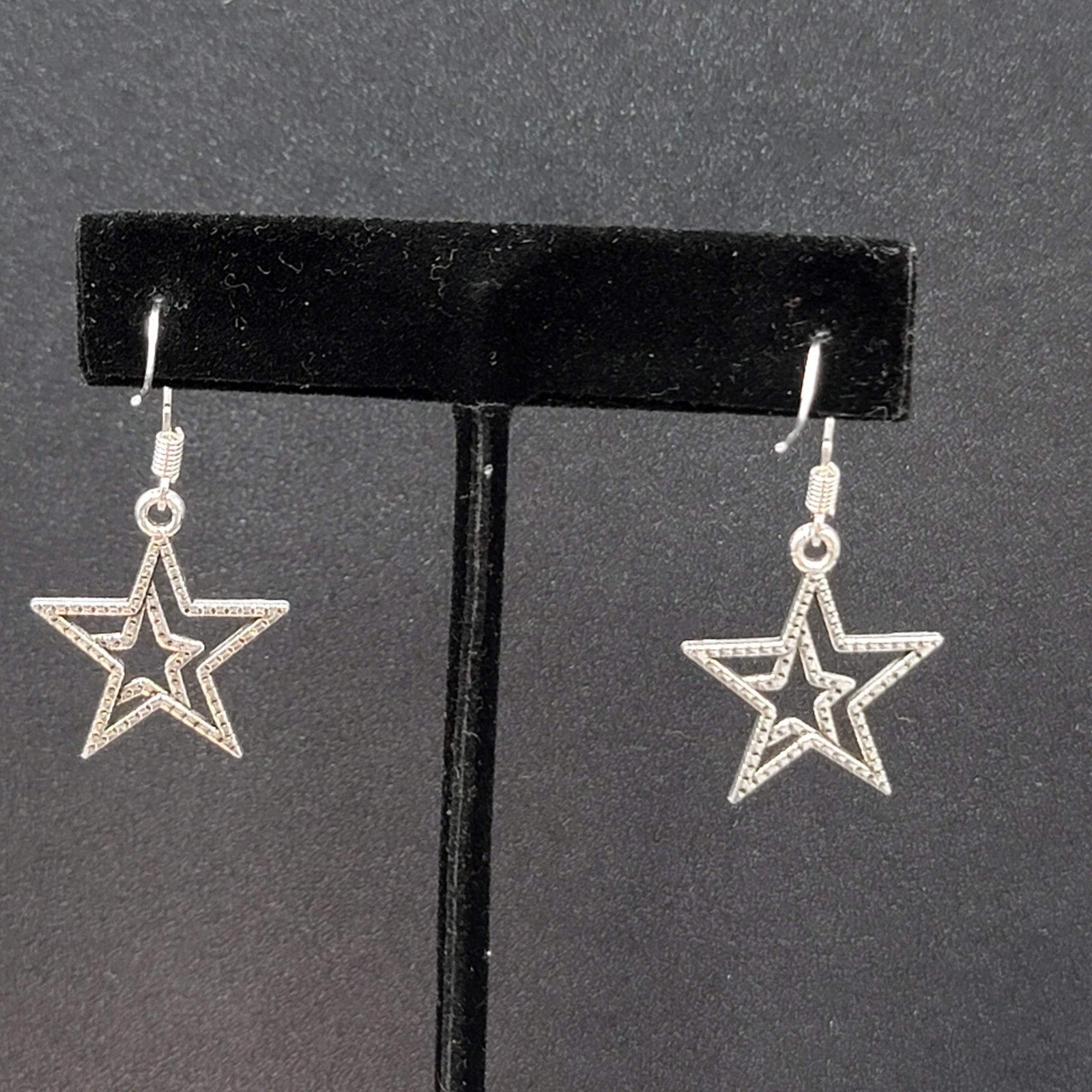 Pierced Earrings Silver tone Dangle Double Open Star 7/8"