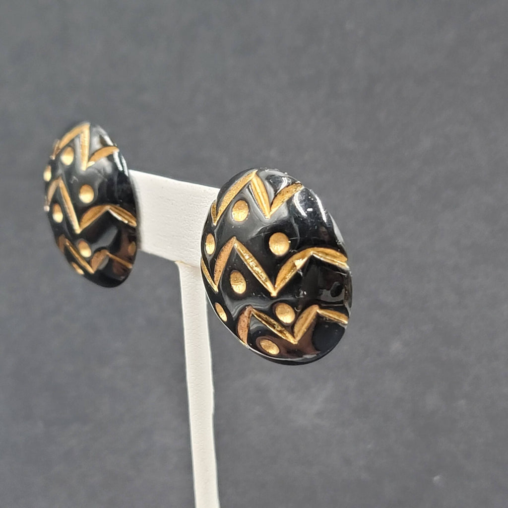 Vintage Pierced Earrings Wood Black Gold Painted Dome Button Stud  1.25"