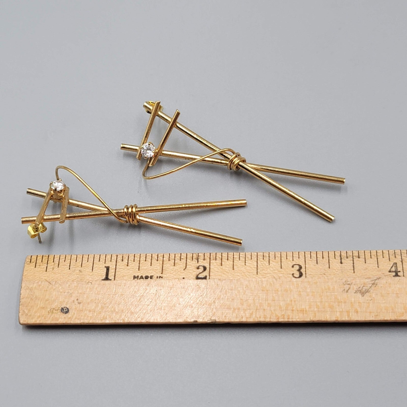 Vintage Pierced Earrings Gold tone Drop CZ Stone Unique 2 3/8"