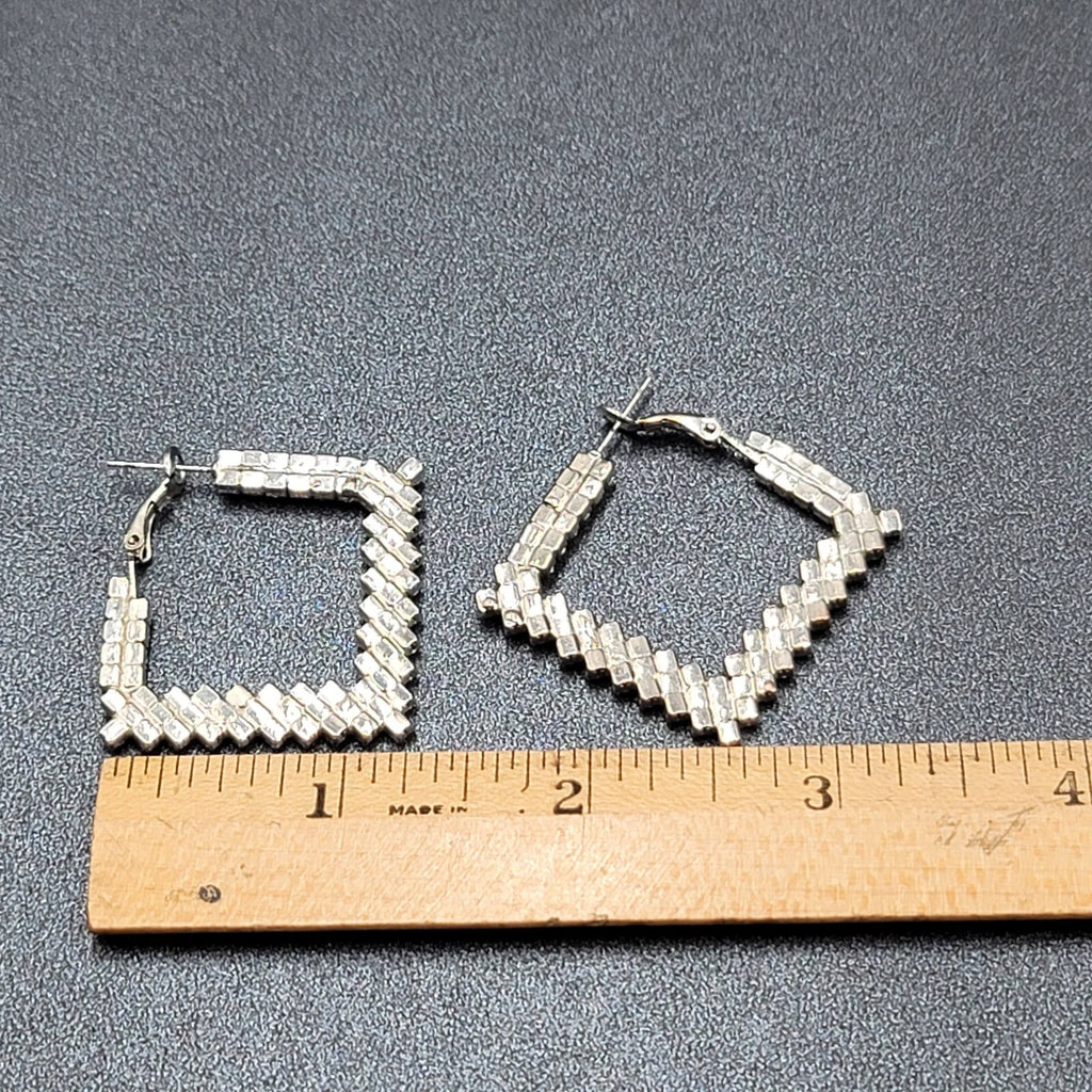 Pierced Earrings Rhinestone Square Hoops Silver tone 1.25"