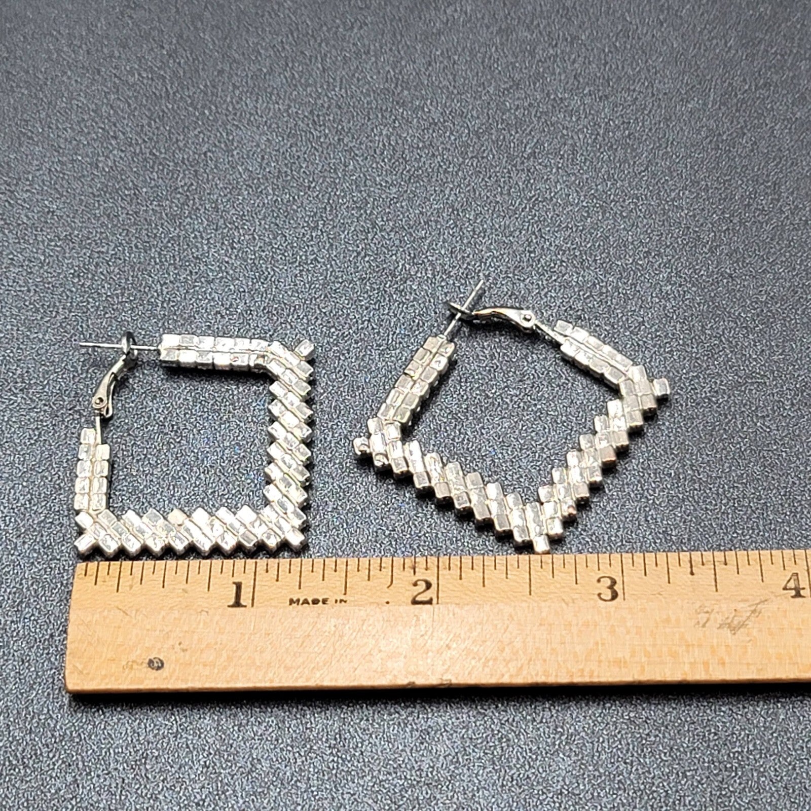 Pierced Earrings Rhinestone Square Hoops Silver tone 1.25"
