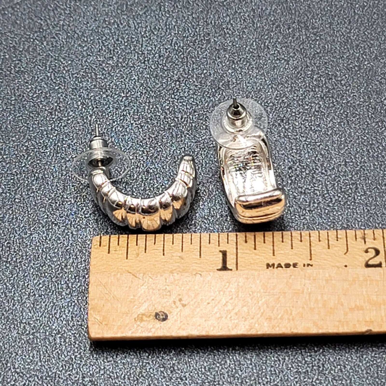 Pierced Earrings Silver Plated Ribbed Half Hoops Drop 3/4"