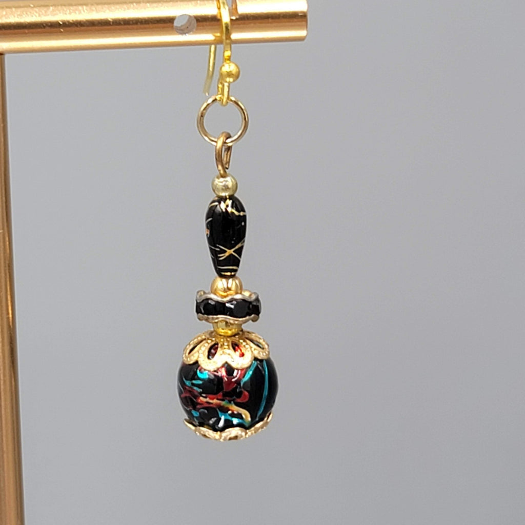 Black Bead Color Splatter Pierced Earrings Gold tone Dangle 1.5"