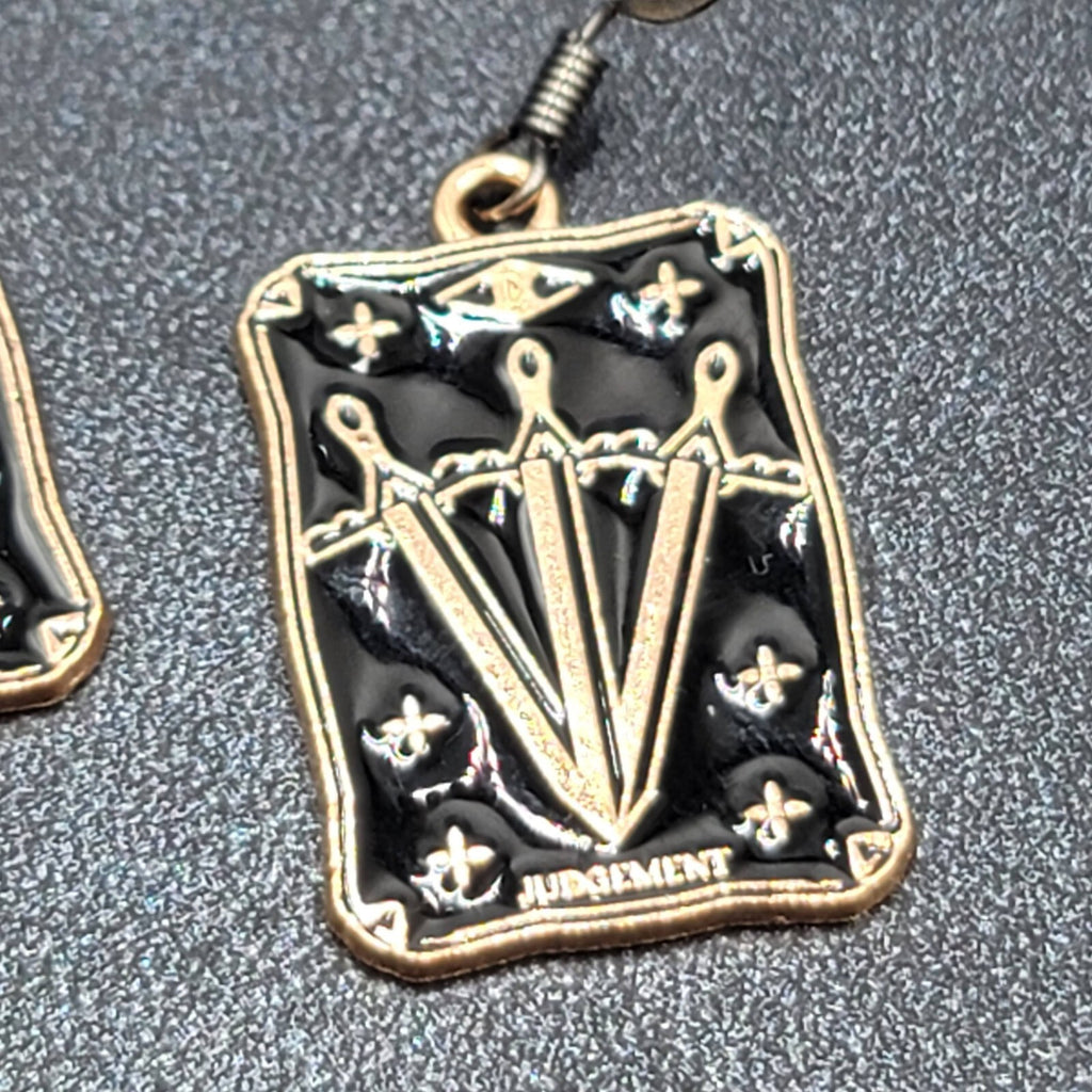 Tarot Card Pierced Earrings JUDGEMENT 3 Swords Gold tone Black 1"