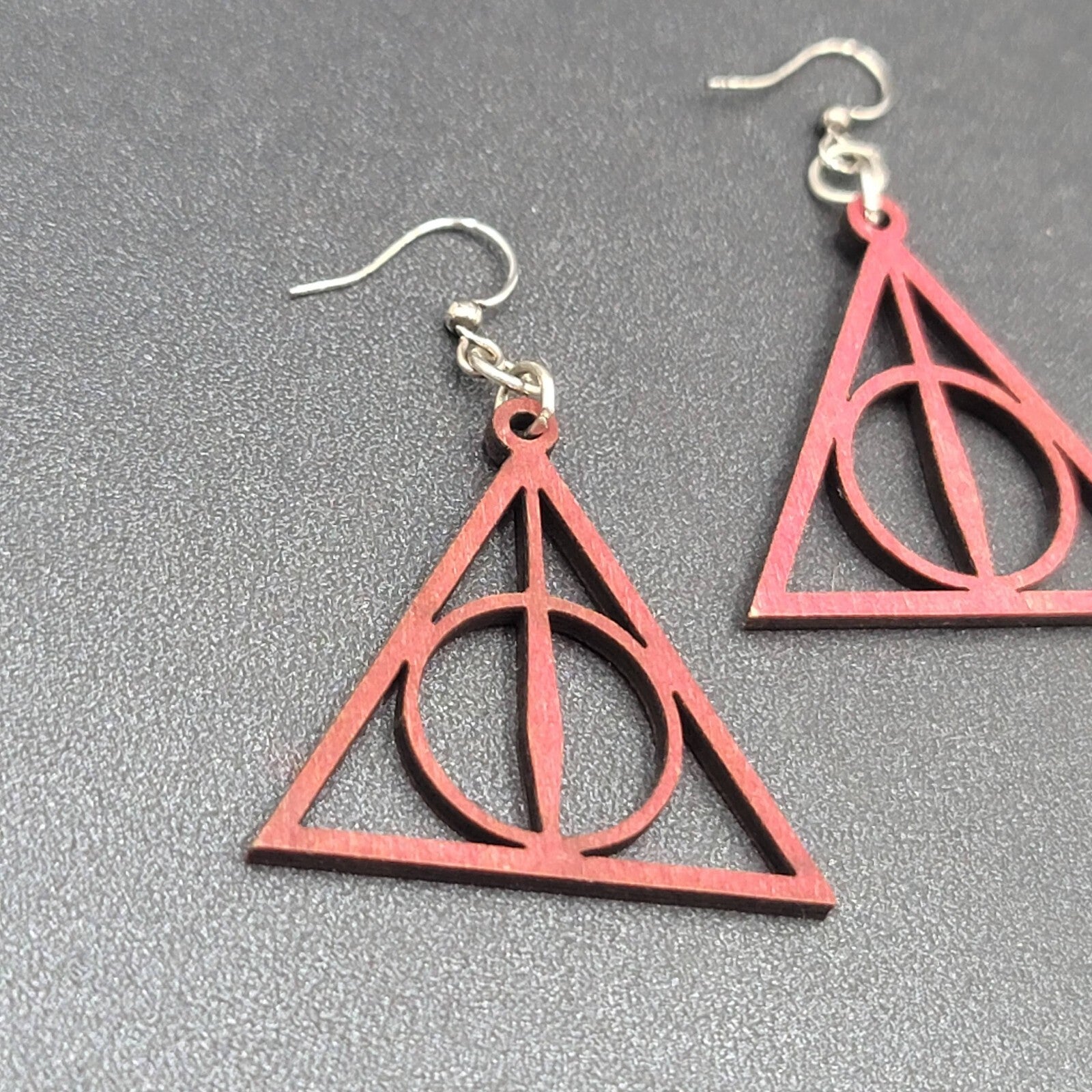 Deathly Hallows Pierced Earrings Harry Potter Wood Laser Cut Burgundy Red 1.25"