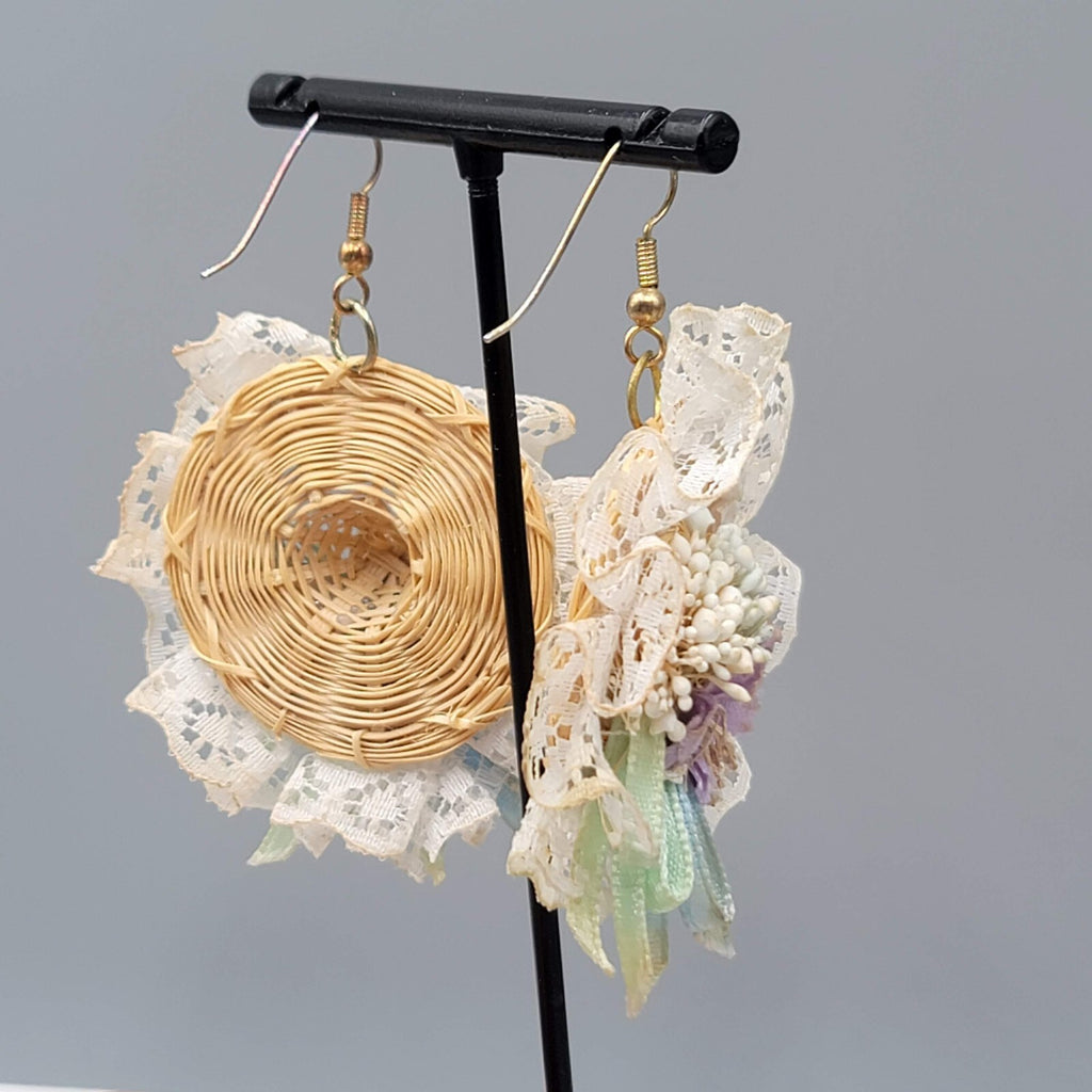 Vintage Wicker Bonnet Pierced Earrings Dangle 1980s 2"