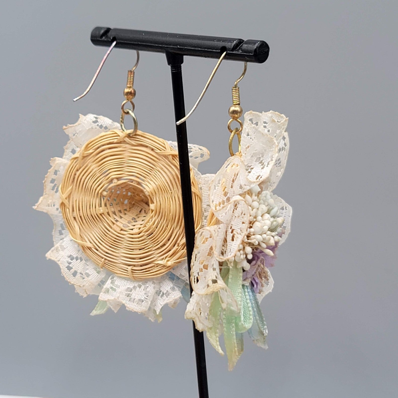 Vintage Wicker Bonnet Pierced Earrings Dangle 1980s 2"
