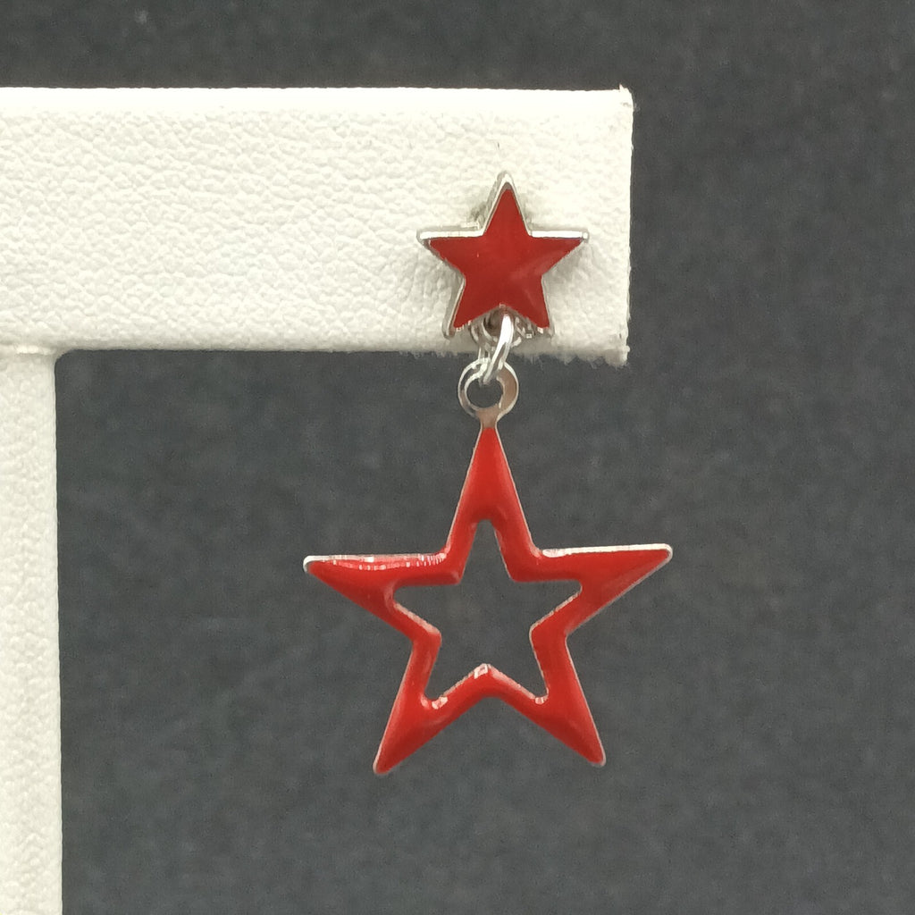 Lot of 2 Pairs Pierced Earrings Red Blue Enamel Silver tone Star Dangle 1 1/4"