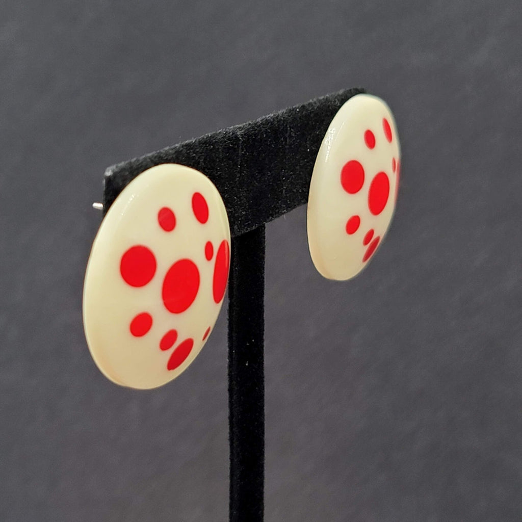 Vintage Pierced Earrings White Acrylic Round Red Polka Dots 1"