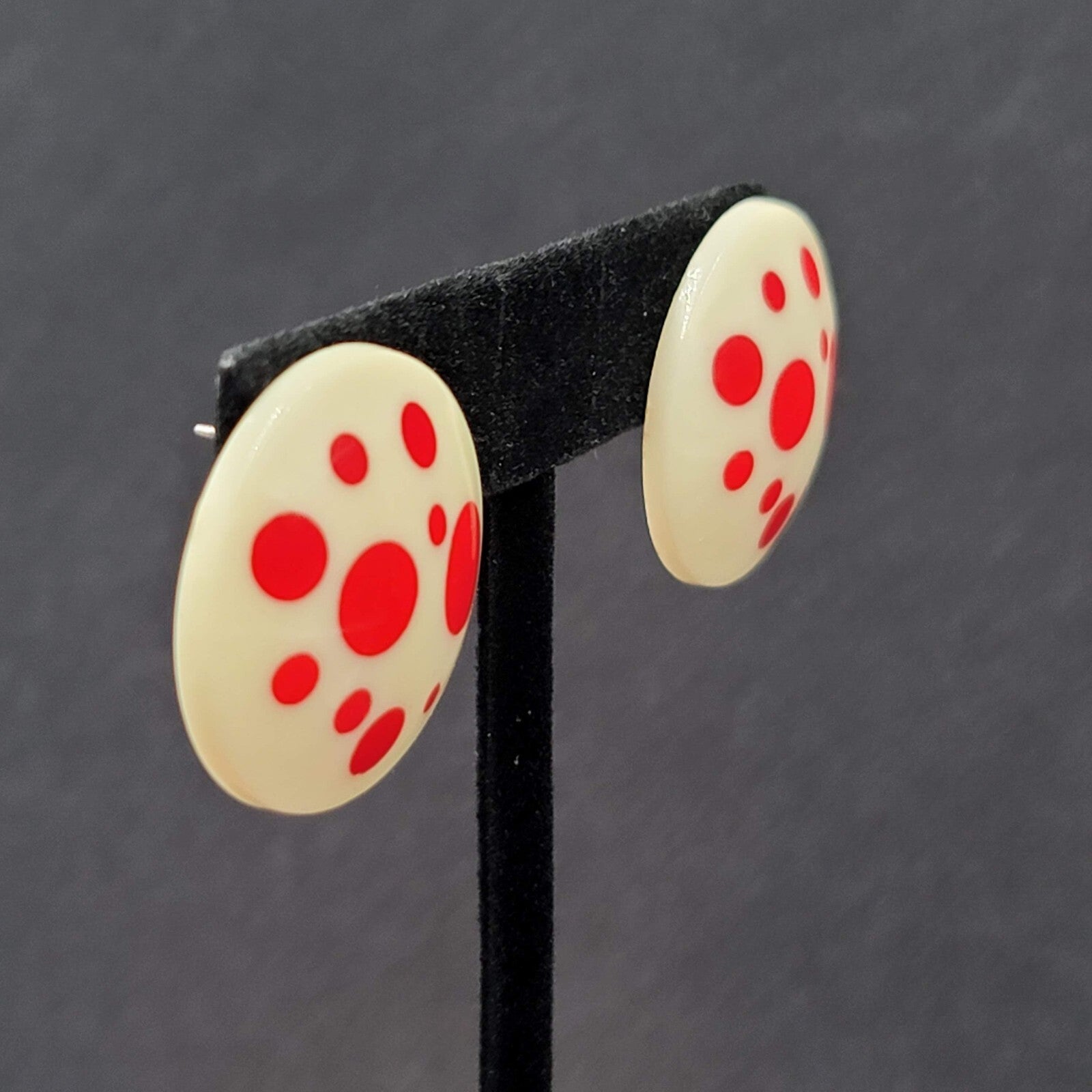 Vintage Pierced Earrings White Acrylic Round Red Polka Dots 1"