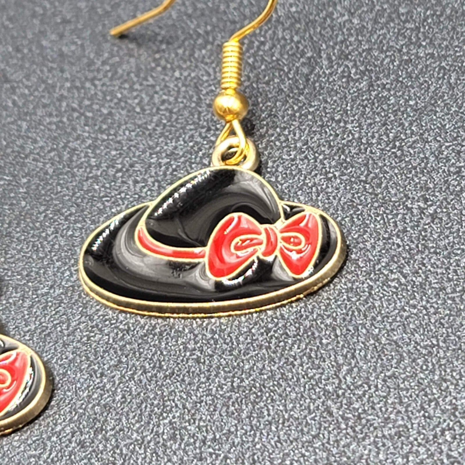 Hat Pierced Earrings Gold tone Red Black Enamel Dangle 5/8"