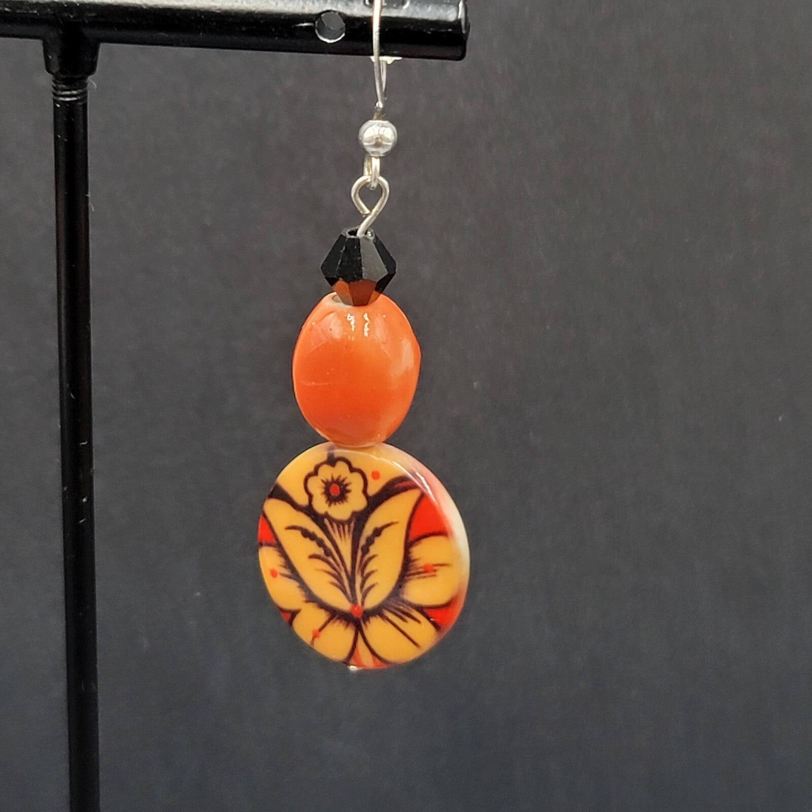 Pierced Earrings Orange Black Beads Flower Mother of Pearl Dangle 1 5/8"