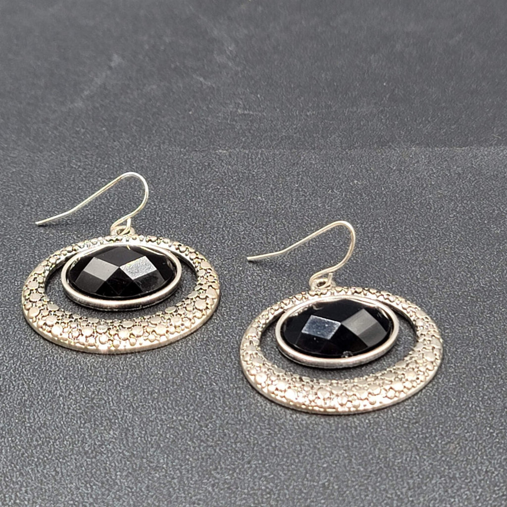Pierced Earrings Silver tone Black Center Oval Dangle 1.25"