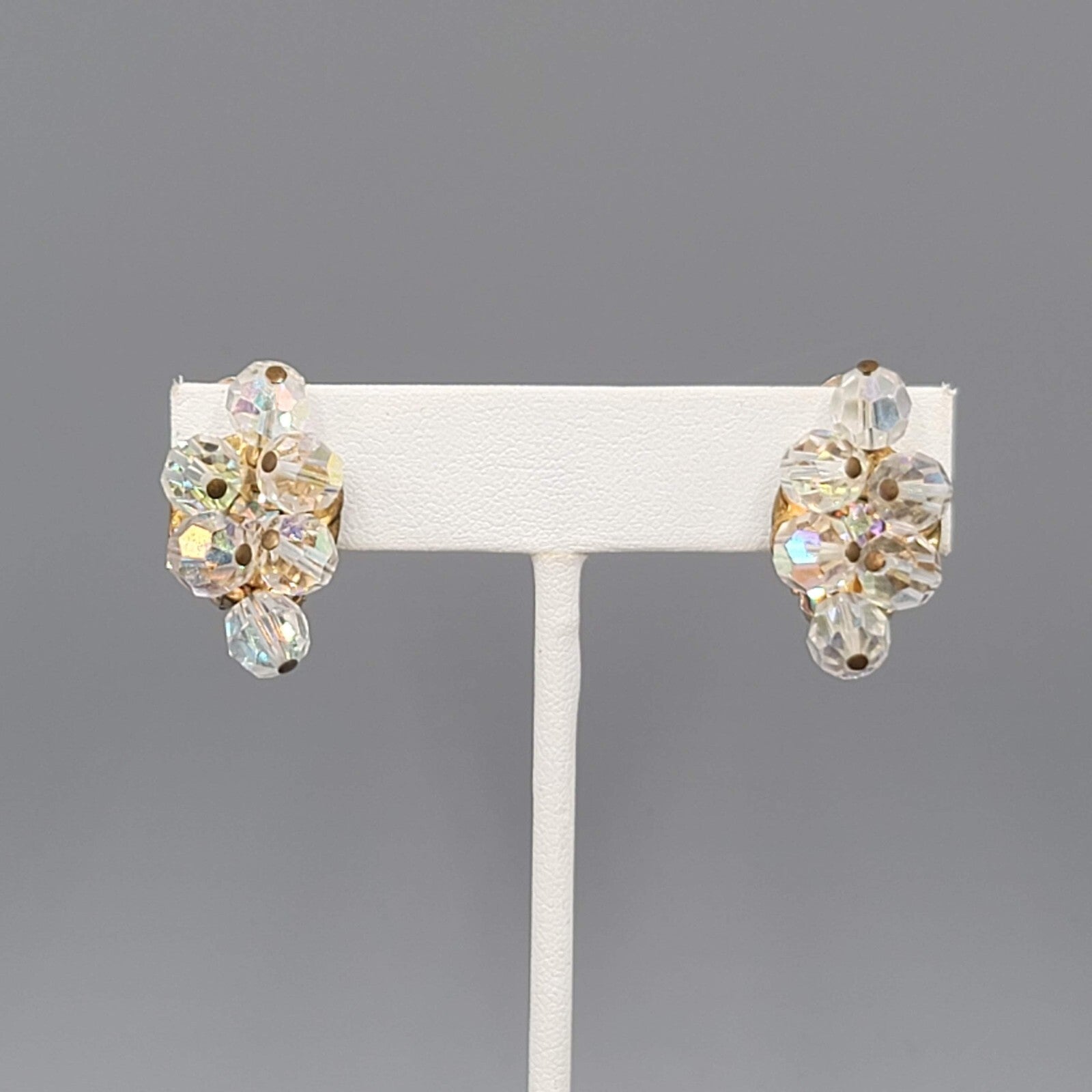 Vintage AB Bead Clip on Earrings Aurora Borealis Gold tone 1"