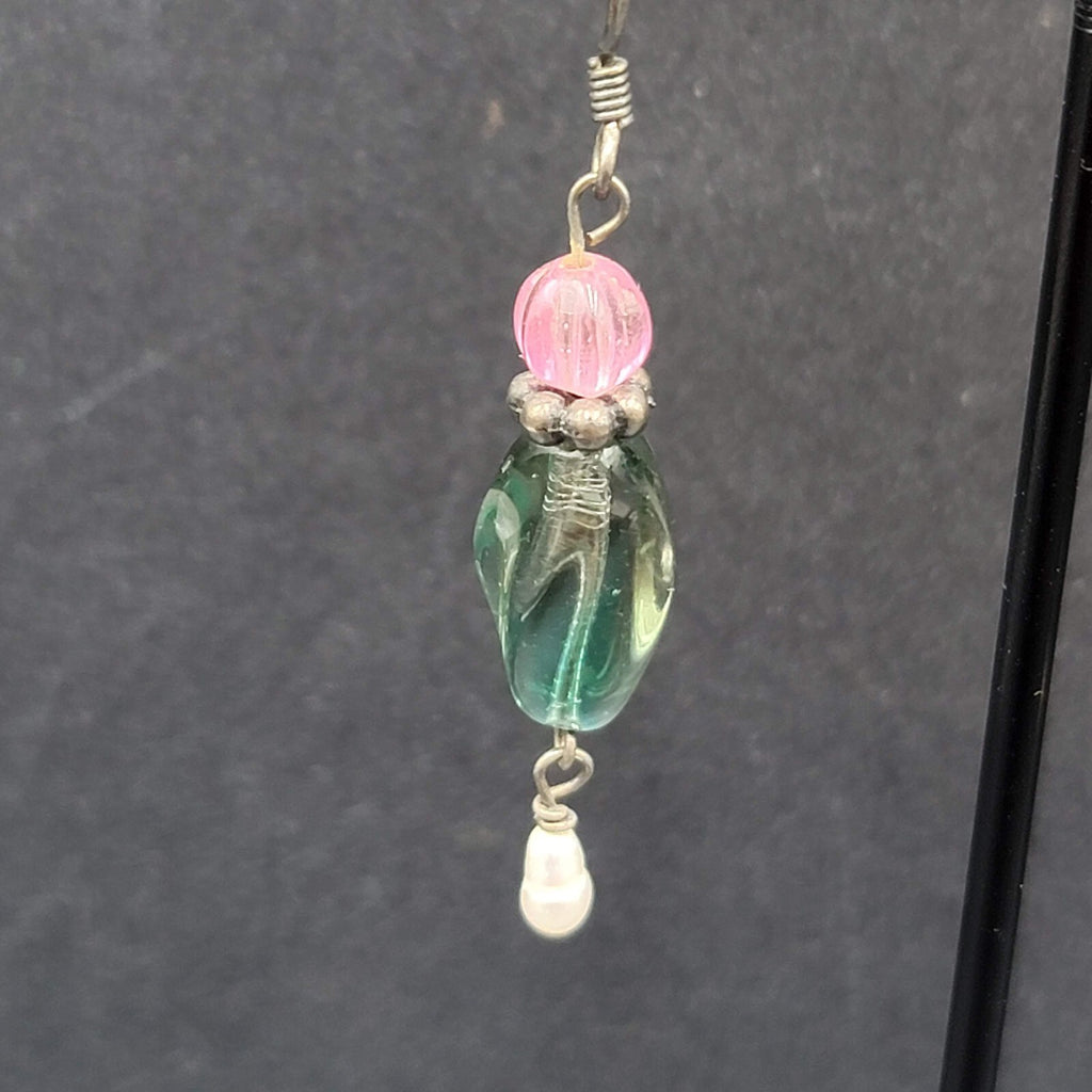 Art Glass Pearl Pierced Earrings Sterling Silver Beaded Dangle 1.25"