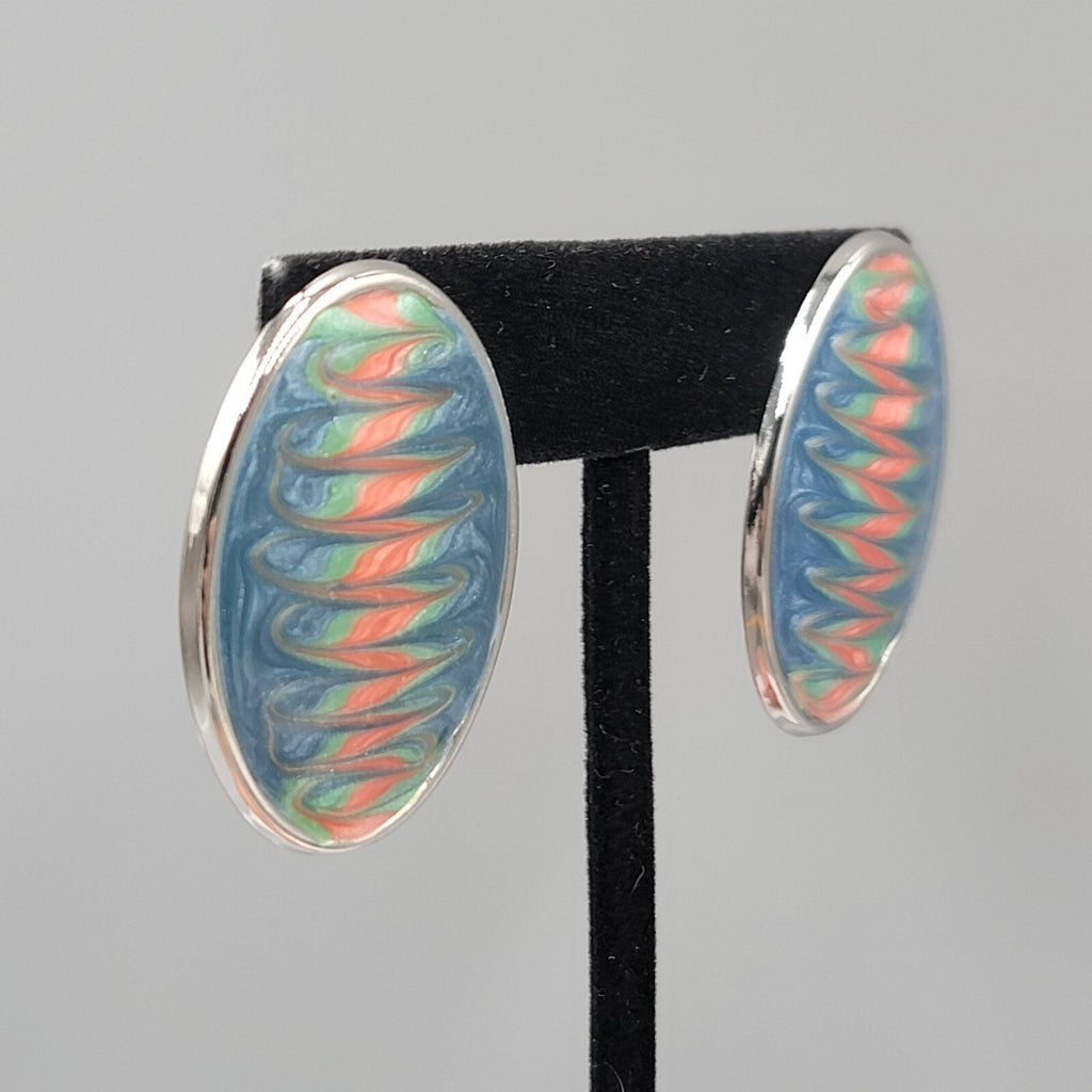 Vintage Pierced Earrings Pink Blue Enamel Silver tone Oval Drop 1 3/8"
