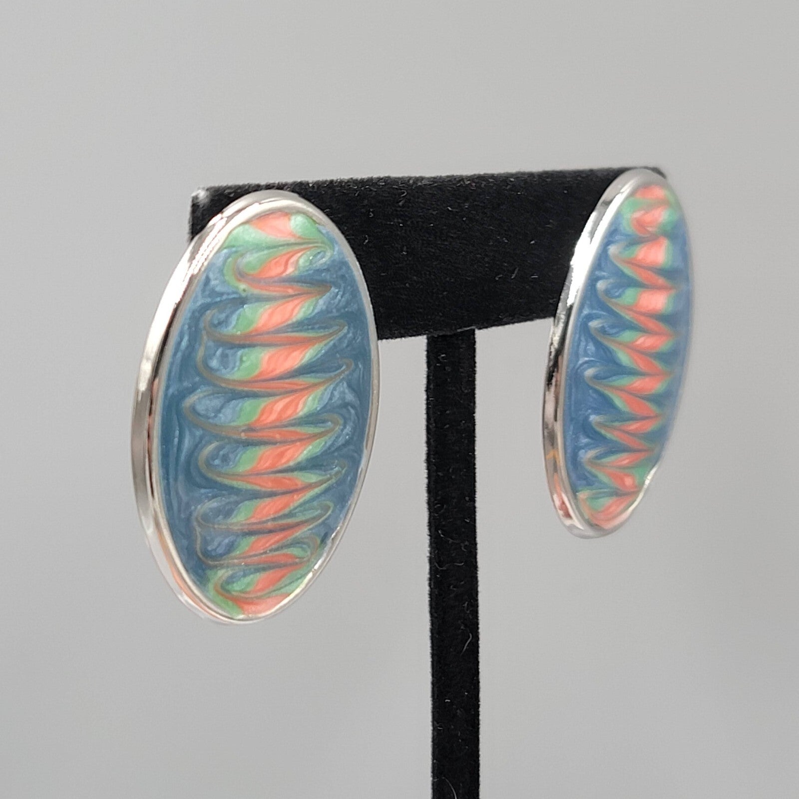 Vintage Pierced Earrings Pink Blue Enamel Silver tone Oval Drop 1 3/8"