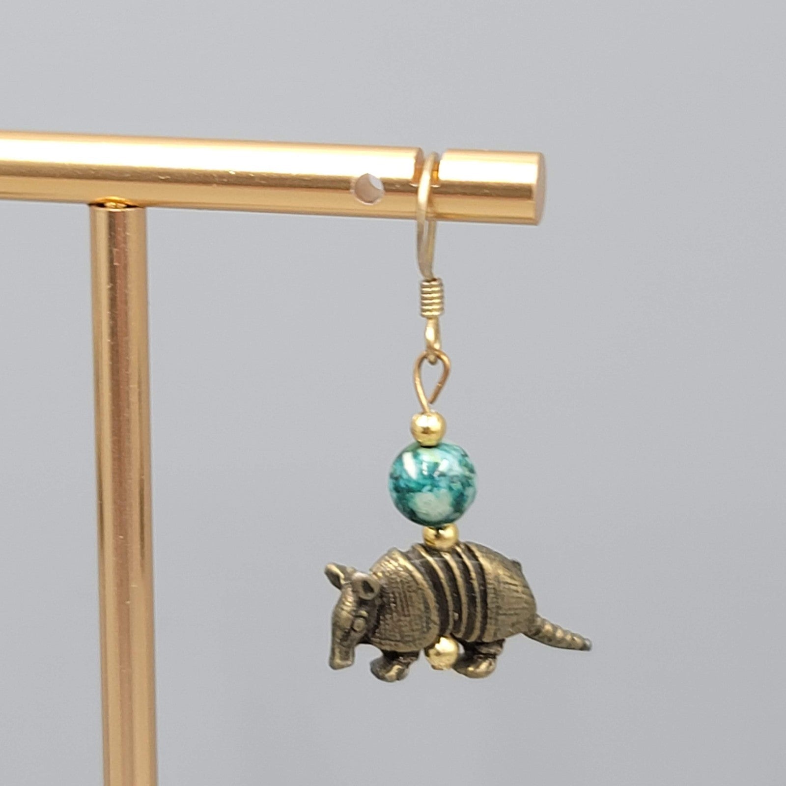 Armadillo Bead Pierced Earrings Bronze tone Dangle 7/8"