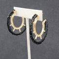 Pierced Earrings Gold tone Black String Wrapped Drop Hoops 1 5/8"