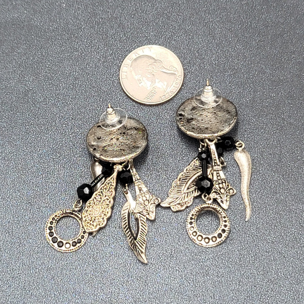 Boho Pierced Earrings Silver tone Black Beads Dangle Charms 2.25"