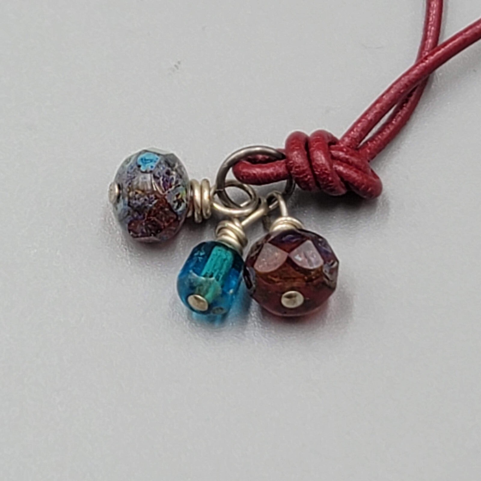 Multicolor Faceted Glass Bead Necklace Sterling Silver Red Leather Cord 16"