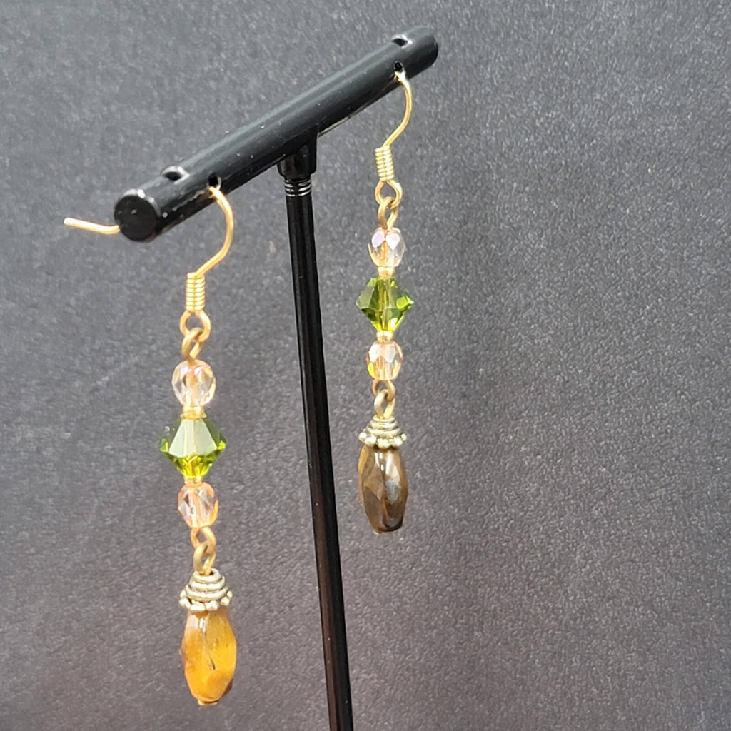 Pierced Earrings Tigers Eye Pink Green Crystal Bead 1.5"