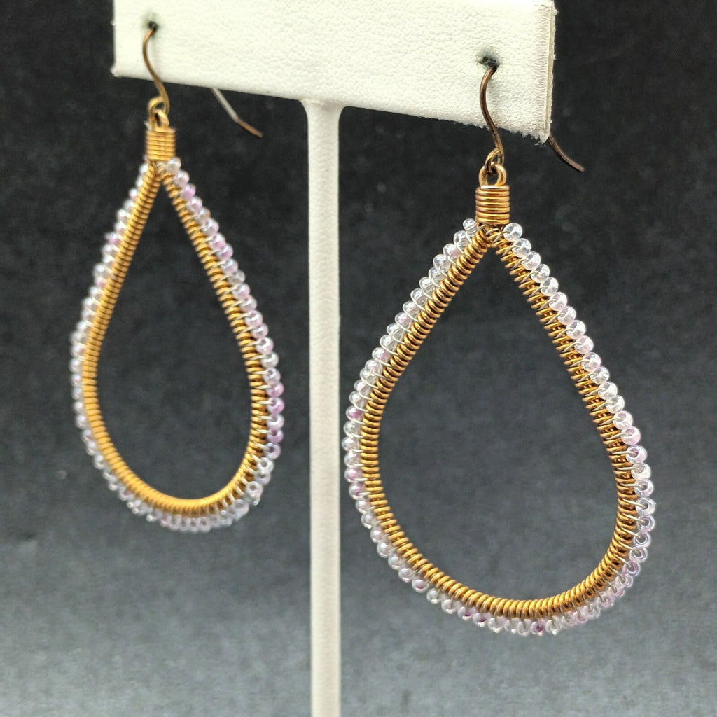 Pierced Earrings Gold tone Wire Wrapped Lavender Bead Teardrop Dangle 2 1/8"
