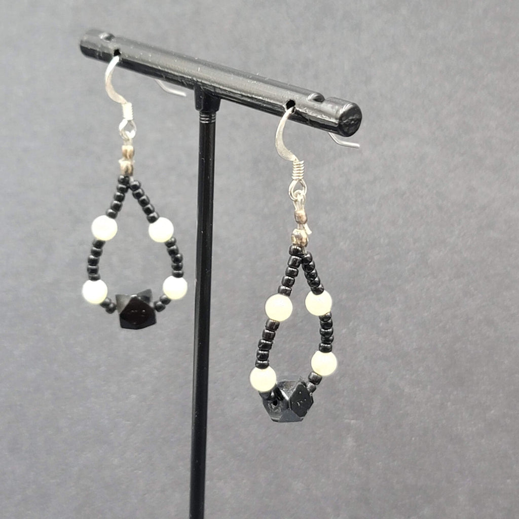 Pierced Earrings White Black Beaded Teardrop Hoops 1 3/8"