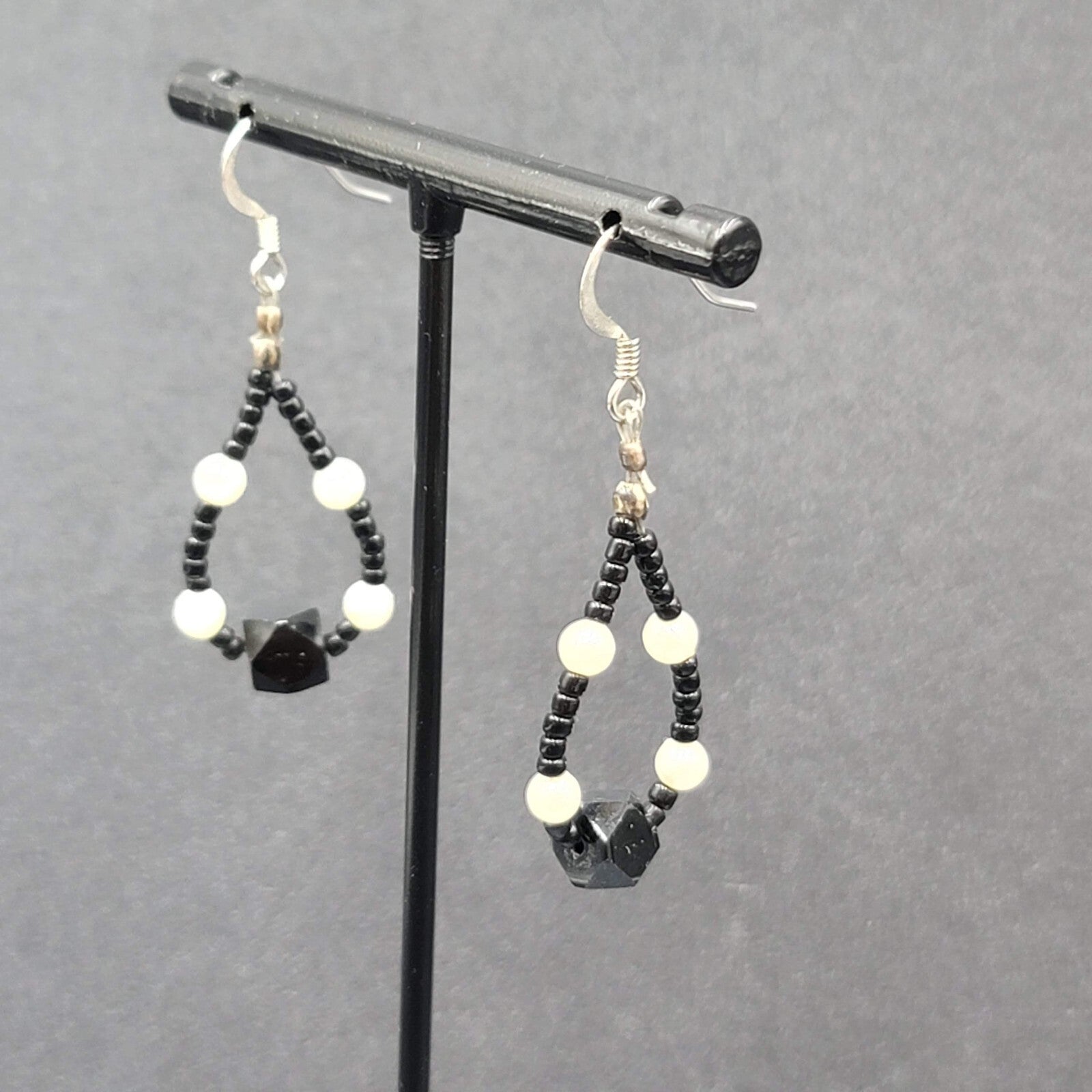 Pierced Earrings White Black Beaded Teardrop Hoops 1 3/8"