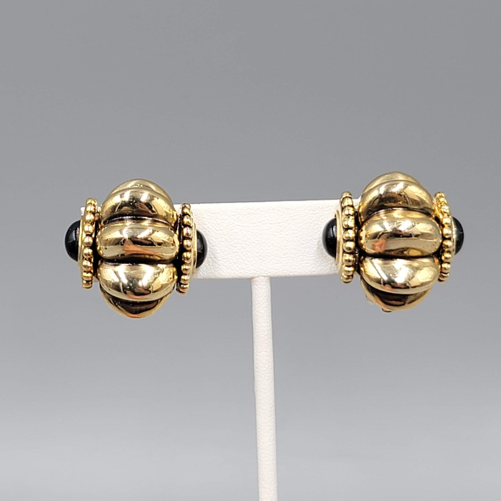 Vintage Clip on Earrings Gold Plated Black Side Accents Statement 1 in