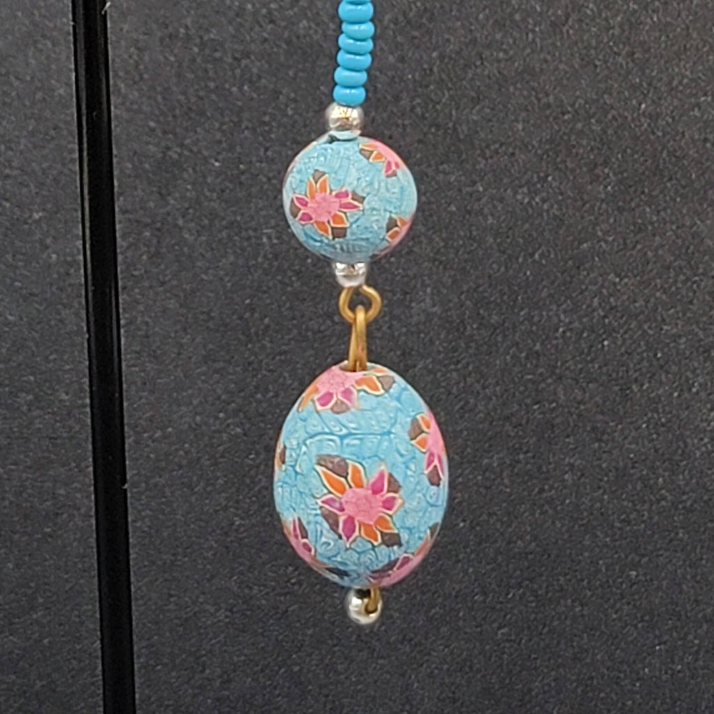 Vintage Pierced Earrings Gold tone Blue Flower Bead Long Dangle 2.25"