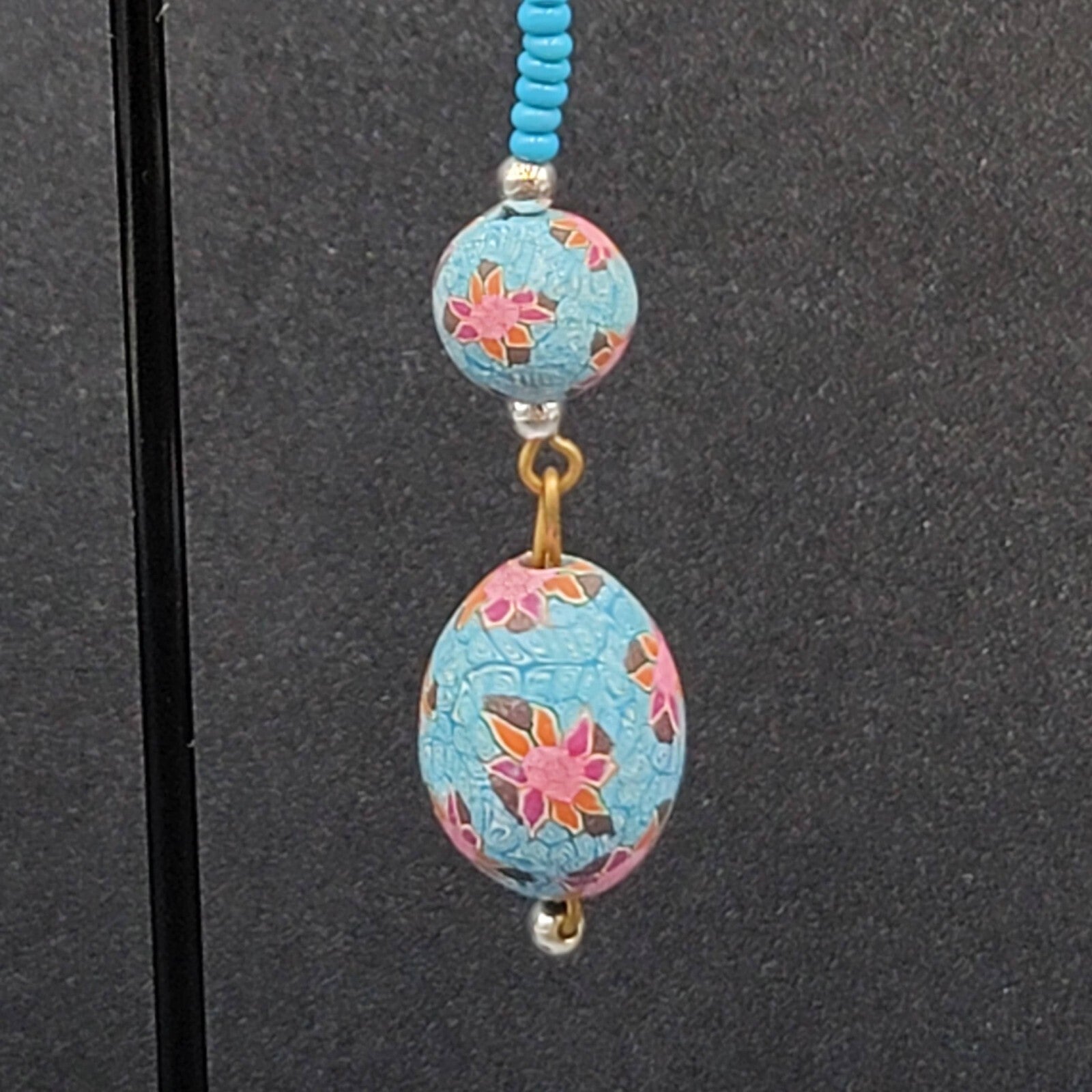 Vintage Pierced Earrings Gold tone Blue Flower Bead Long Dangle 2.25"