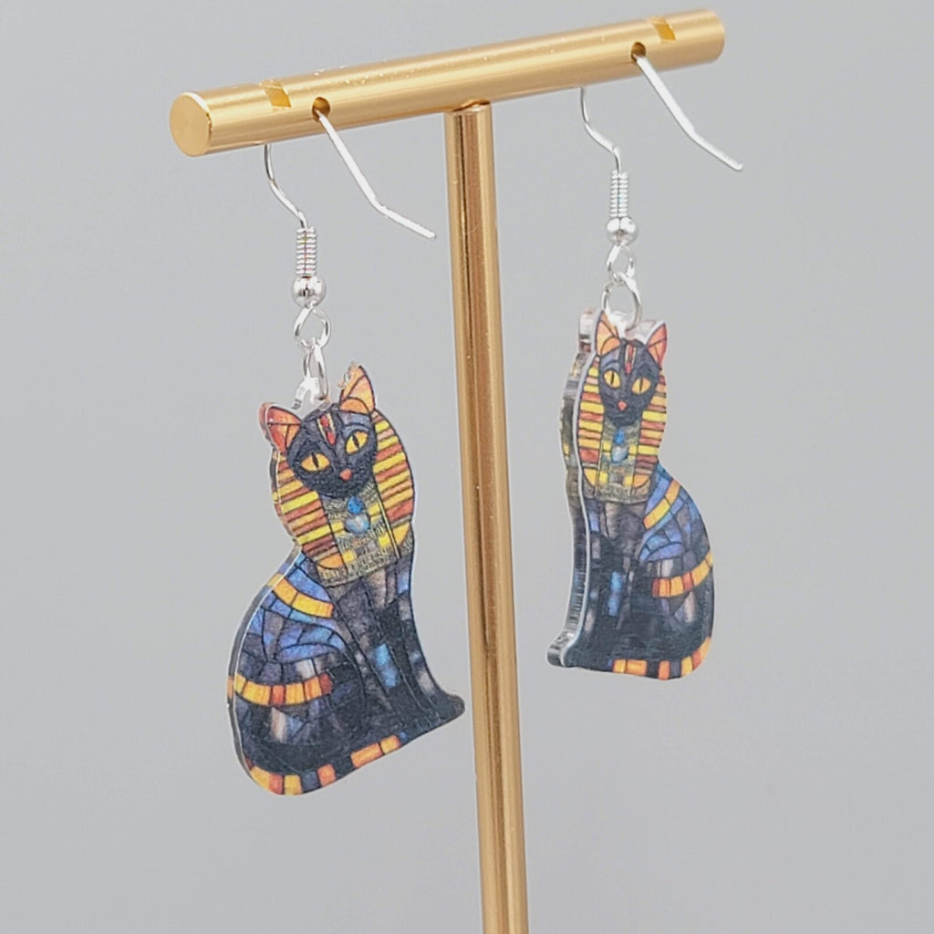 Egyptian Kitty Cat Pierced Earrings Mosiac Look Acrylic Dangle 1 3/8"