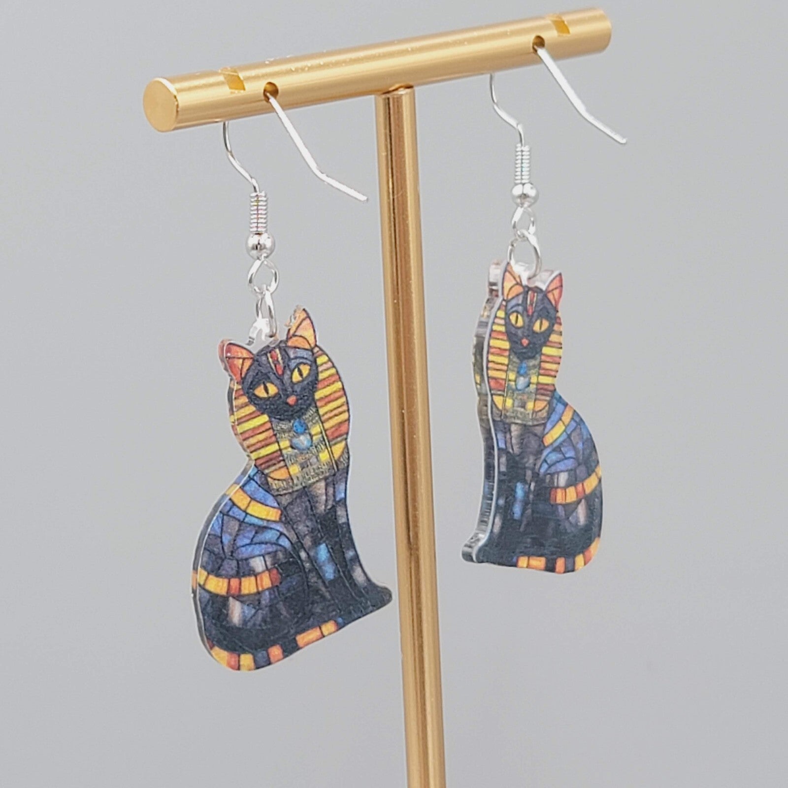 Egyptian Kitty Cat Pierced Earrings Mosiac Look Acrylic Dangle 1 3/8"