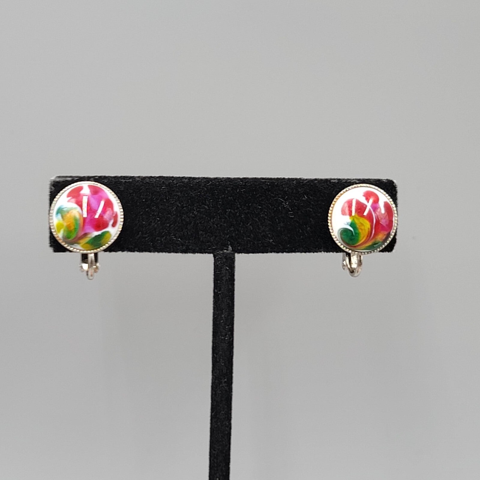 Vintage Clip on Earrings Silver tone Multicolor Glass Cabochon Round Studs 1/2"