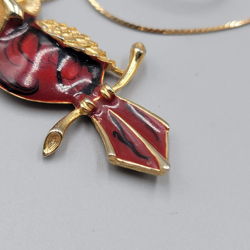 Vintage Red Enamel Owl Pendant Necklace Gold Tone Mid Century Jewelry 16"