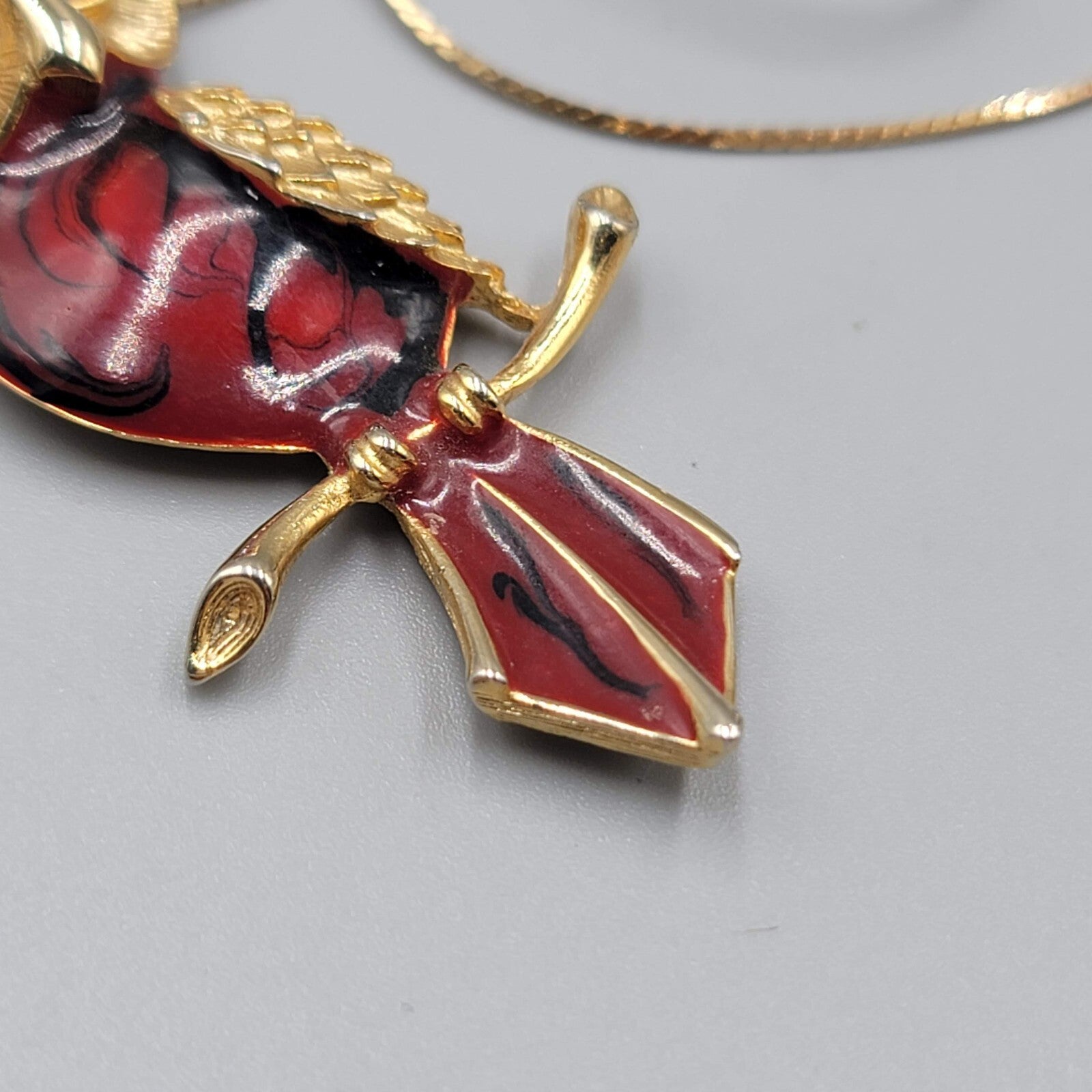 Vintage Red Enamel Owl Pendant Necklace Gold Tone Mid Century Jewelry 16"