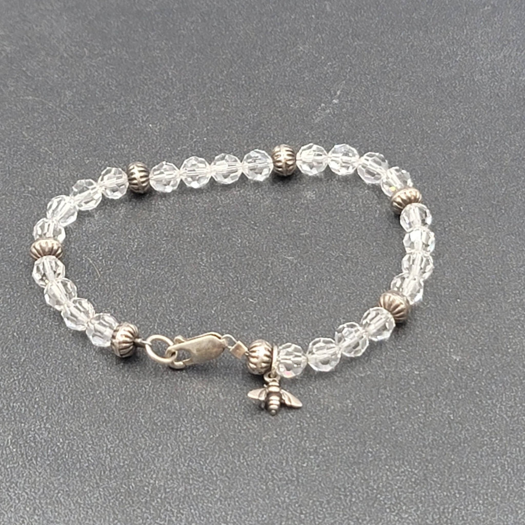 Sterling Silver Crystal Bead Bracelet Bee Charm 6 3/4"