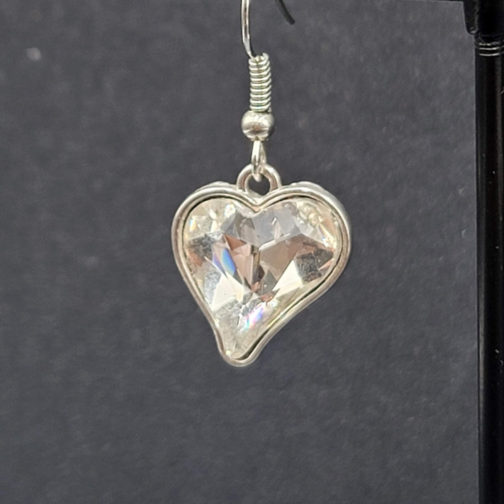 Heart Pierced Earrings Silver tone Faceted Glass Dangle 3/4"