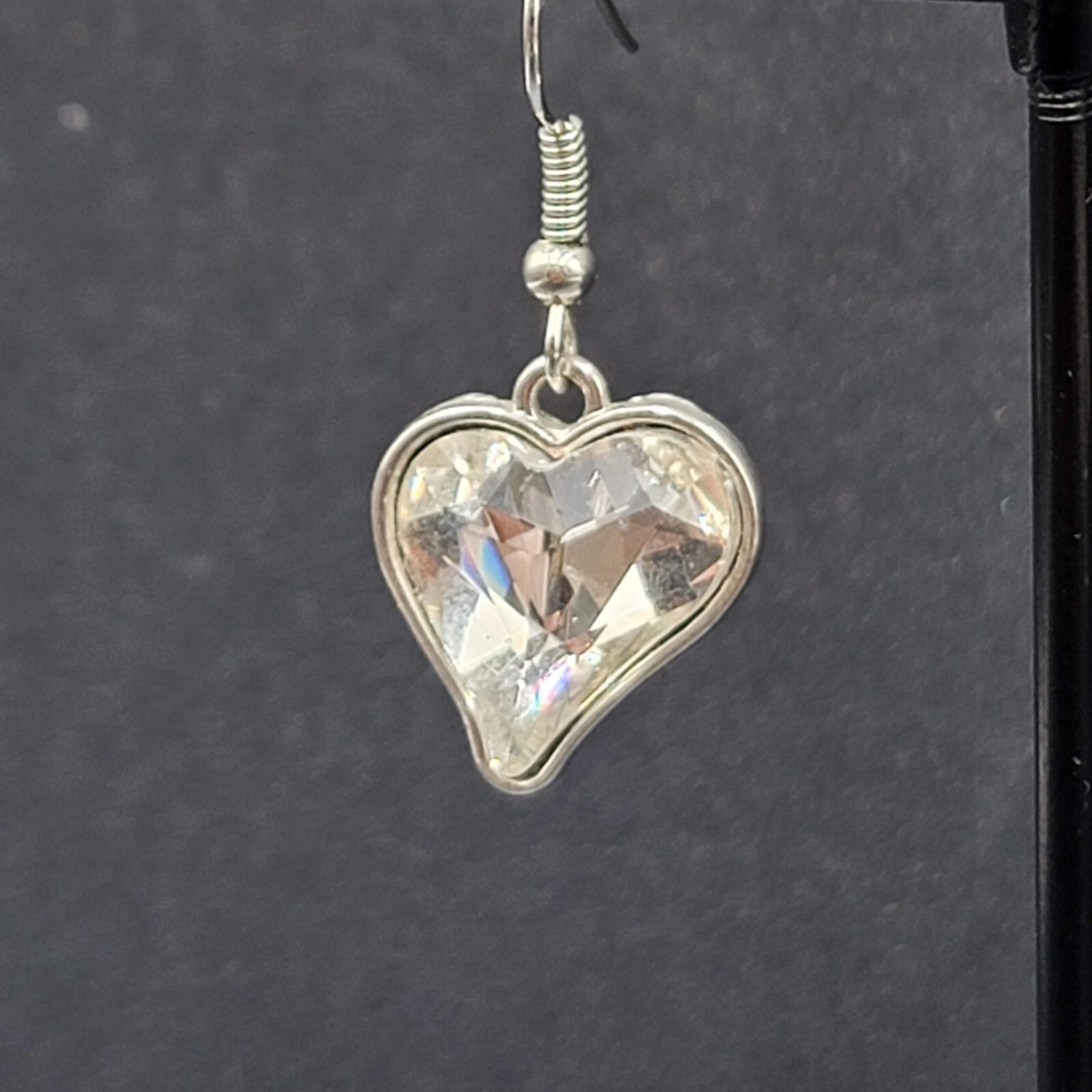 Heart Pierced Earrings Silver tone Faceted Glass Dangle 3/4"