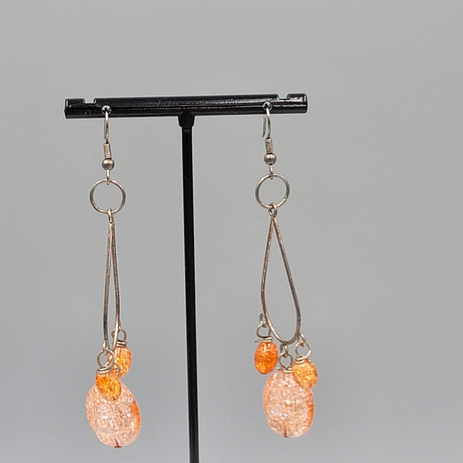 Confetti Orange Bead Pierced Earrings Silver tone Dangle 2.75"