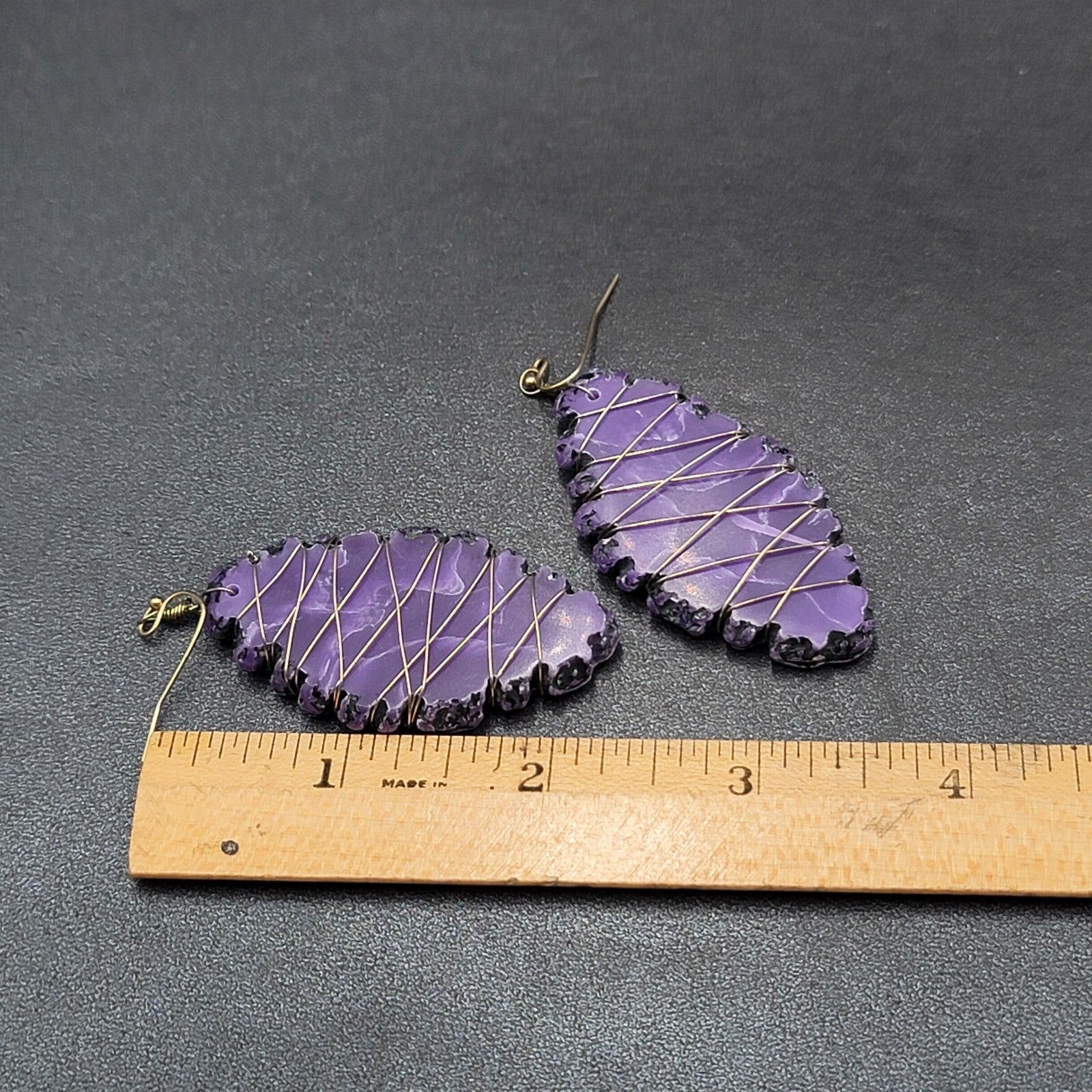 Artisan Pierced Earrings Wire Wrapped Purple Stone Dangle 2"