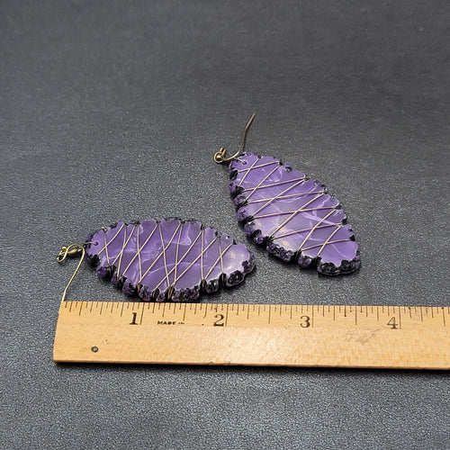 Artisan Pierced Earrings Wire Wrapped Purple Stone Dangle 2"