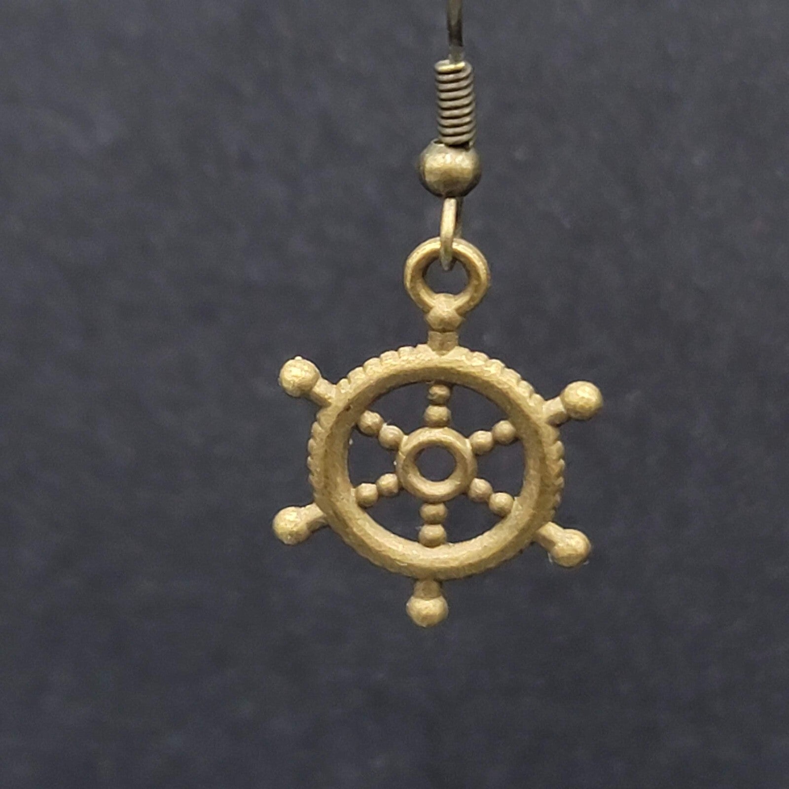 New Nautical Ships Wheel Pierced Earrings Bronze tone Embossed Dangle 3/4"