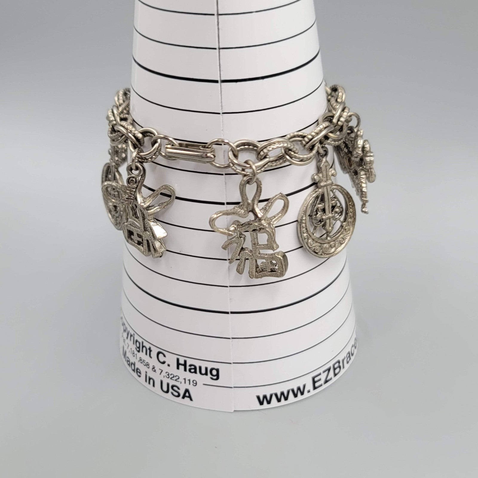 Vintage HAR HARGO Charm Bracelet Asian Silver tone Chunky 6.75 in
