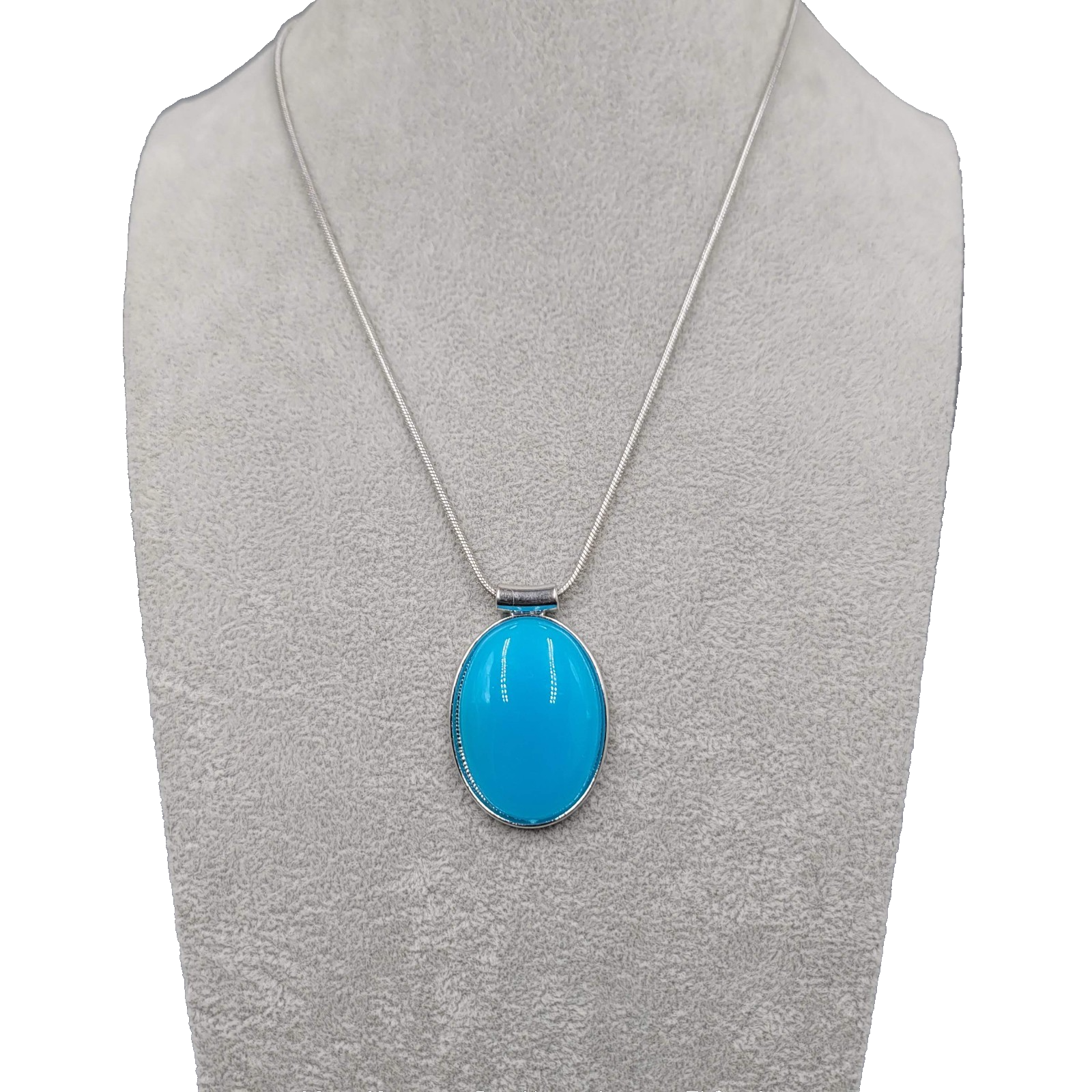 Bright Blue Glass Cabochon Pendant Necklace Silver tone Snake Chain 20 in