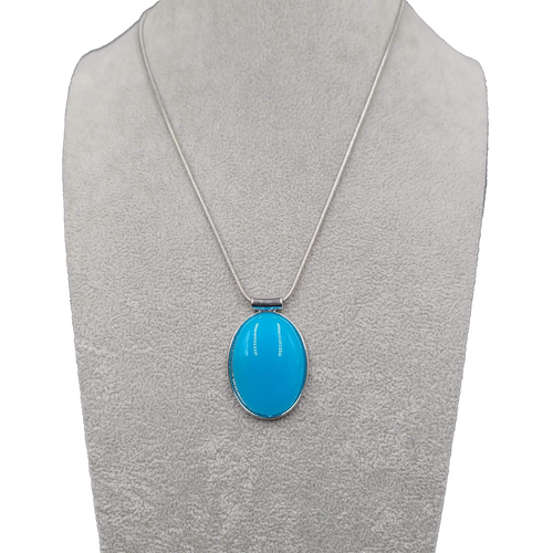 Bright Blue Glass Cabochon Pendant Necklace Silver tone Snake Chain 20 in