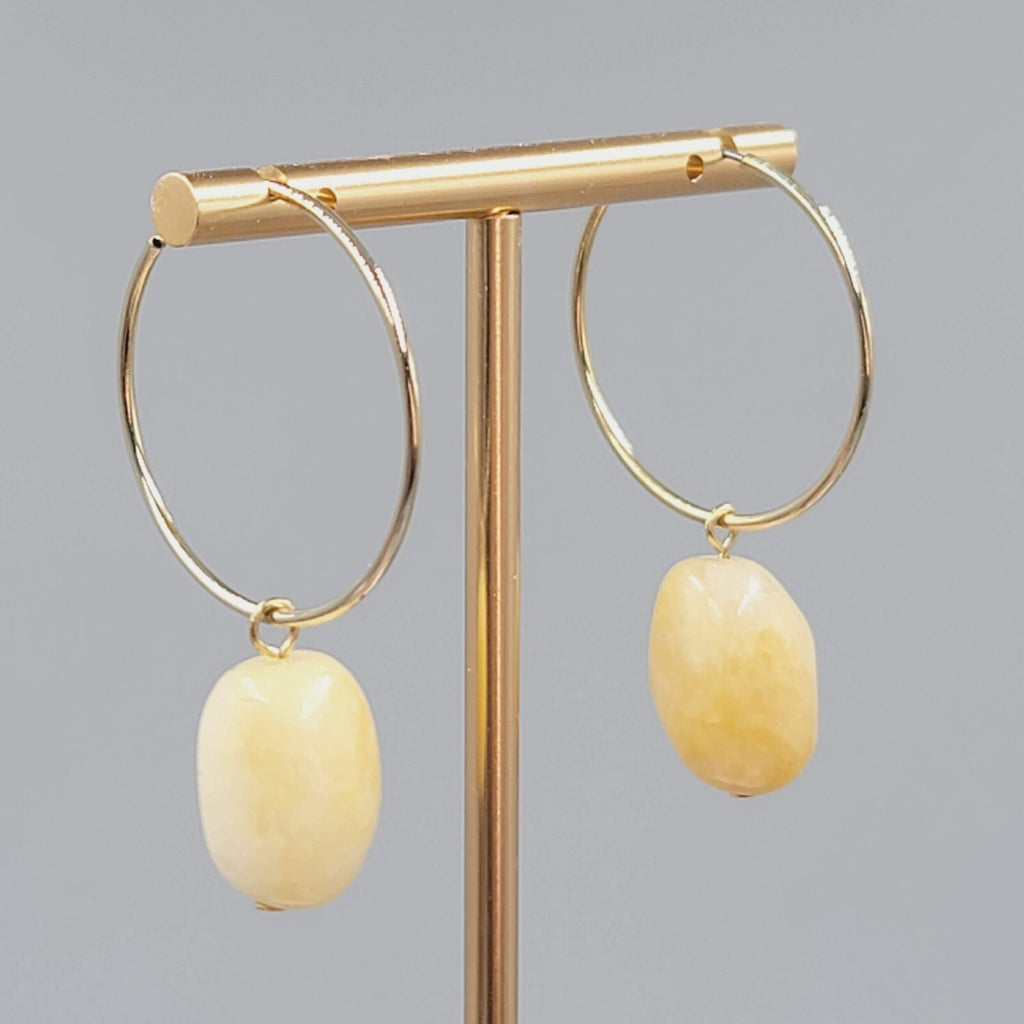 Agate Stone Bead Pierced Earrings Gold tone Hoops 2"